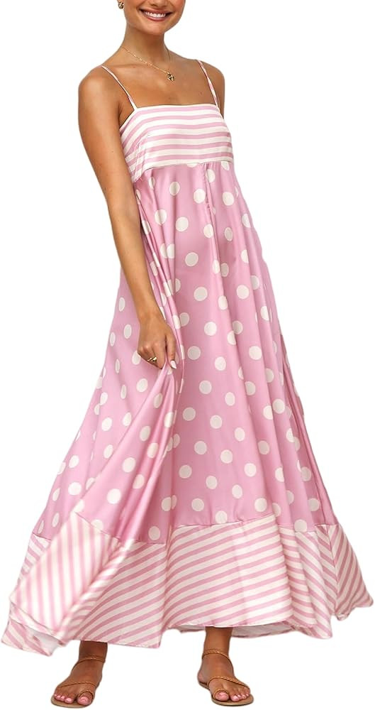 Seyumixi Women Polka Dot Striped Maxi Dress Spaghetti Strap A Line Smocked Long Dress Flowy Flora... | Amazon (US)