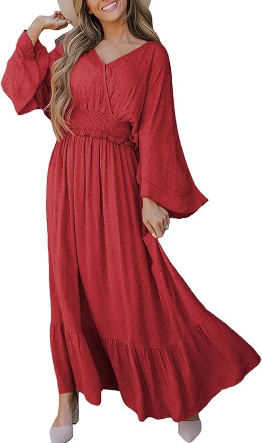 Potany Women's Casual Maxi Dress Long Sleeve V Neck Ruffle Swiss Dots Smocked A Line Flowy Long D... | Amazon (US)
