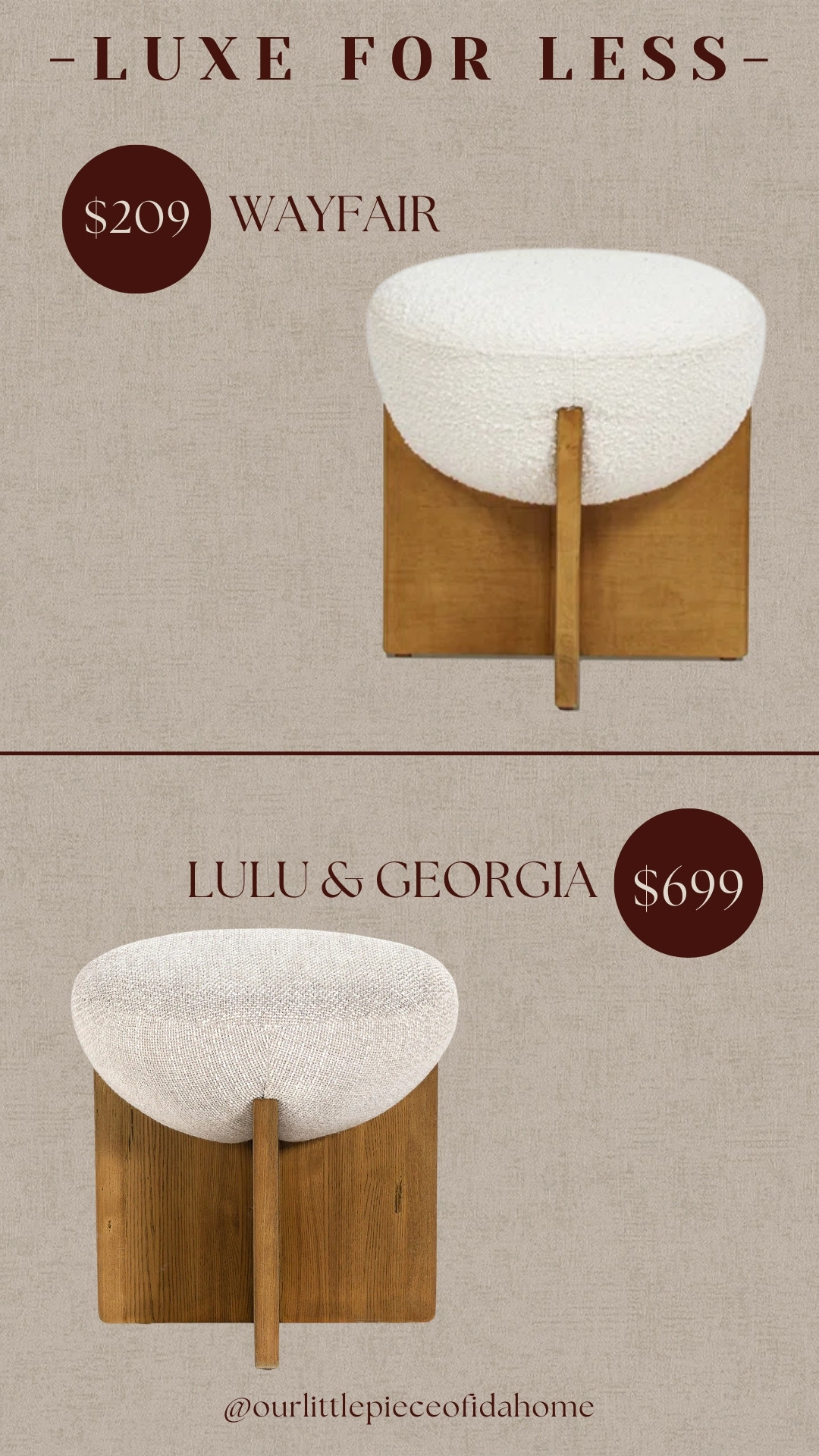Designer-inspired accent stool for less.
This Wayfair option offers the same sculptural shape, warm wood base, and textured upholstery as the Lulu & Georgia version, without the higher price point.

A versatile piece that works beautifully as extra seating, a vanity stool, or a soft accent in any neutral space. Everything is linked here for easy comparison.

#luxeforless #ltkhome #neutraldecor #accentstool #elevatedhome #budgetfriendlyhome #timelessdesign 

 #LTKHoliday #LTKHome #LTKSaleAlert