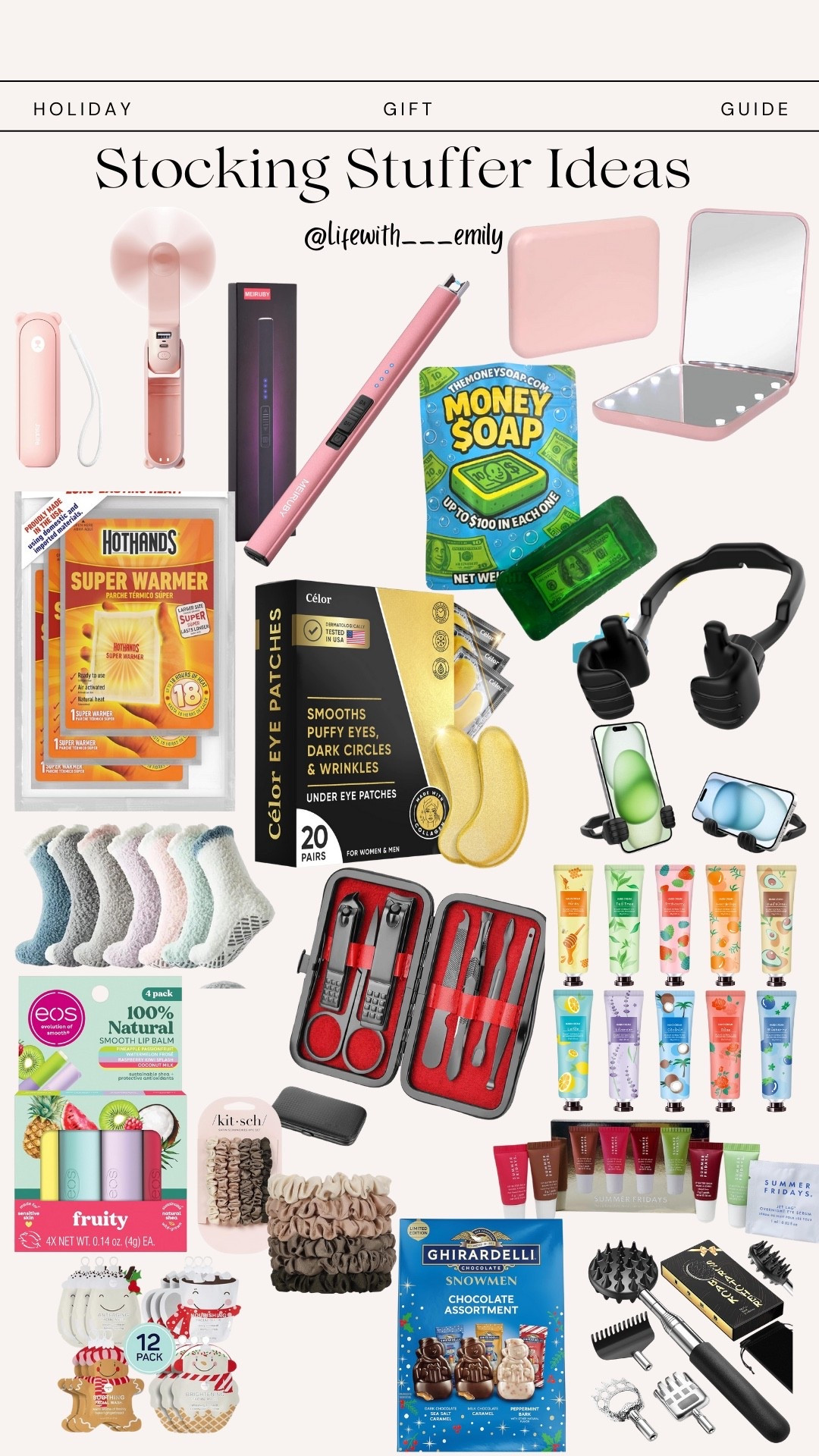 Stocking stuffers, stocking stuffers ideas, under eye patches, hand creams, money soap, fuzzy socks, Christmas candy, Ghirardelli chocolate, mini mirror, summer Fridays, summer Friday mini lip balm set, hand warmers, electric candle lighter, portable fan, eos lip balm, eos lip balm set, Christmas face masks, kitsch, kitsch scrunchies, mini back scratcher, travel sized hygiene kit, Amazon finds, Amazon Christmas finds, Amazon stocking stuffed ideas, stocking stuffers for them, unisex stocking stuffers. 

#LTKHoliday #LTKGiftGuide #LTKCyberWeek