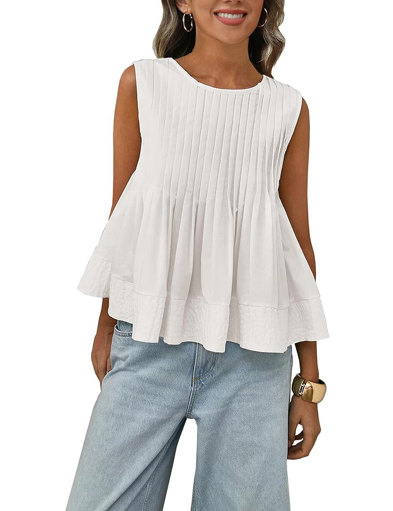 Womens Summer Pleated Peplum Sleeveless Blouse Tank Tops Round Neck Y2K Babydoll Blouse Shirt | Amazon (US)
