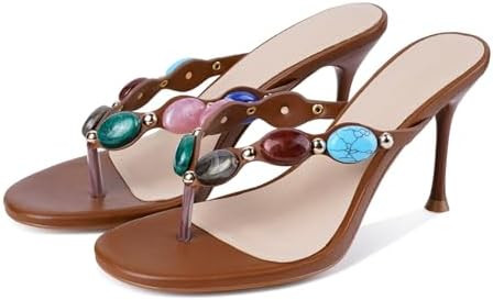 DREAMSTORY Women's Jeweled Thong Strappy Heels Sandals Comfortable Round toe High Heel Dressy Sum... | Amazon (US)