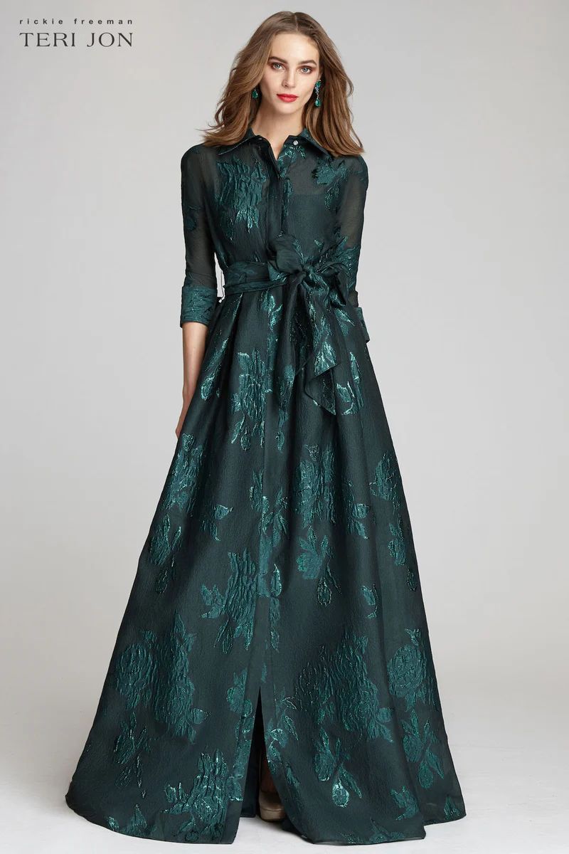 Metallic Jacquard Shirtdress Gown with Floral Print | TERIJON