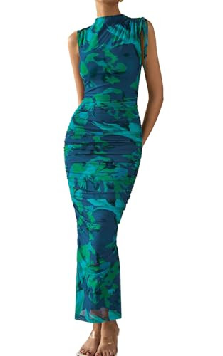 PRETTYGARDEN Women's Summer Maxi Floral Dresses Ruched Bodycon Sleeveless Mesh Formal Wedding Gue... | Amazon (US)