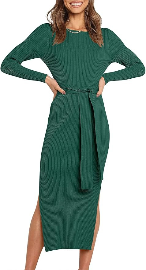 Caracilia Women's Crew Neck Long Sleeve Midi Sweater Dress Elegant Side Slit Bodycon Dress with B... | Amazon (US)