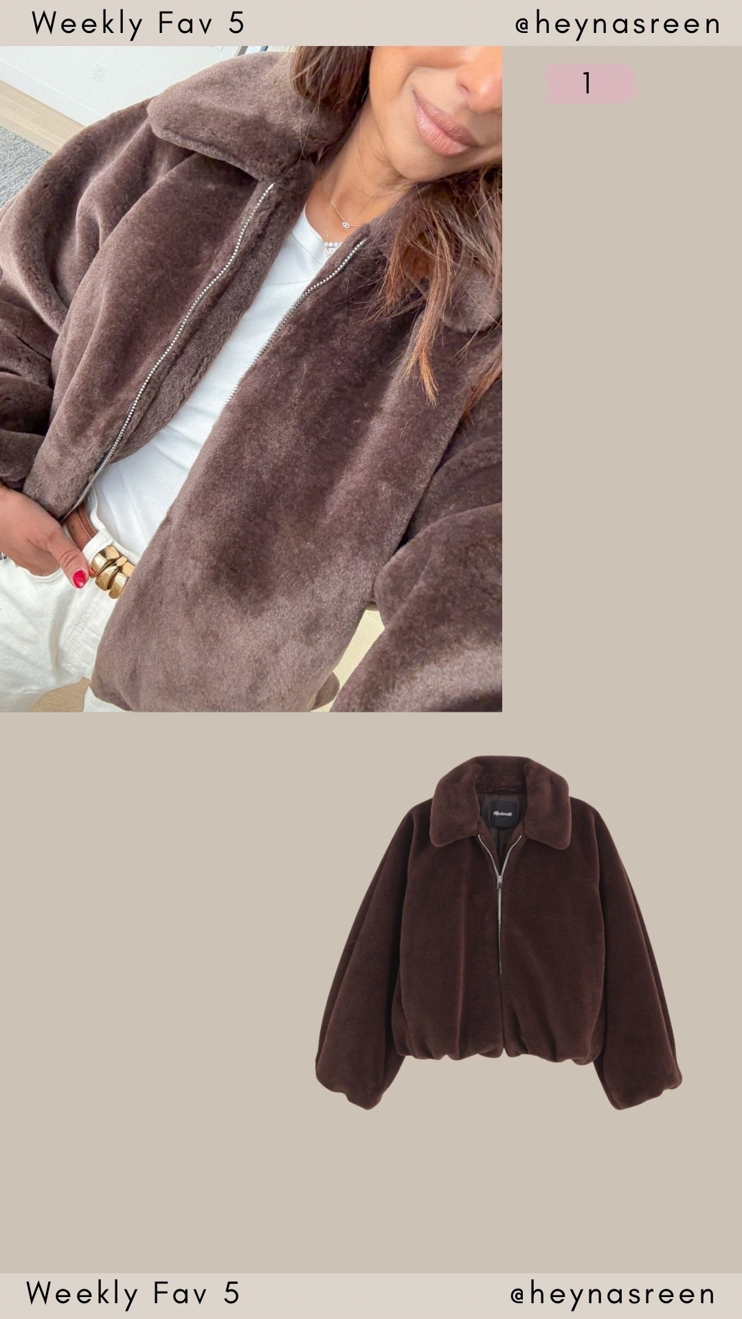 Fav 5: #1 Madewell faux fur bomber, I’m wearing an XS. 