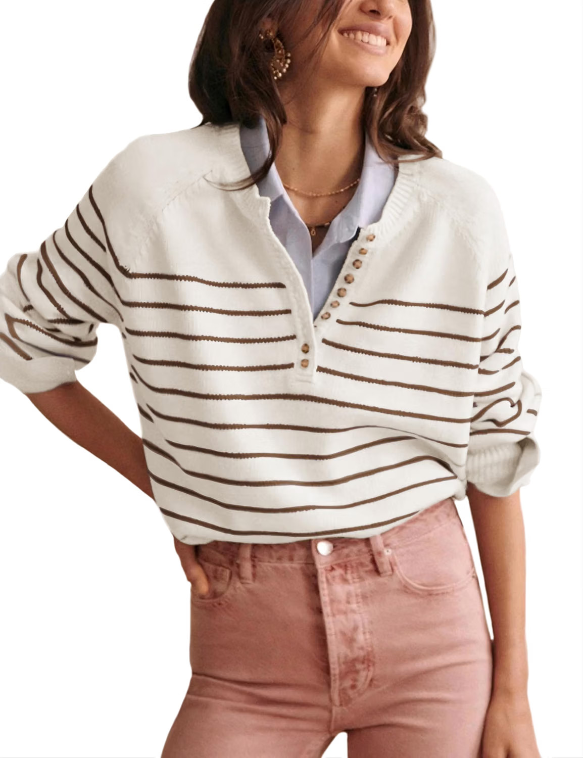 Hongsui Women's Color Block Striped Sweaters Button Up Crewneck Pullover Ribbed Knit Sweater Tops | Amazon (US)
