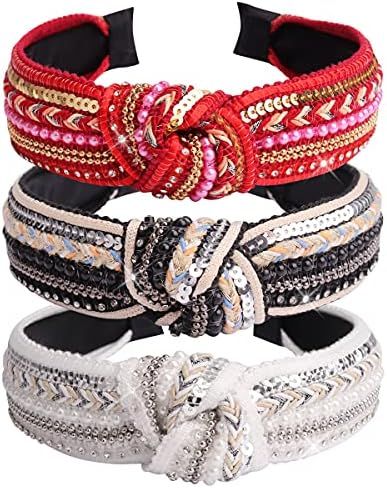 Knotted Headbands for Women Sequins Pearl Headband Top Knot Headband Turban Boho Headbands for Wo... | Amazon (US)