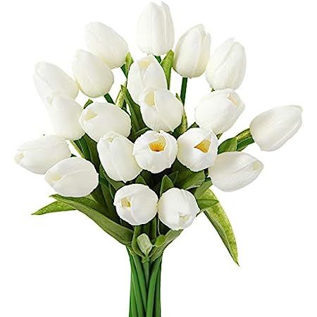 Mandy's 20pcs White Flowers Artificial Tulip Silk Flowers 13.5" for Chirstmas Holiday Home Decoratio | Amazon (US)