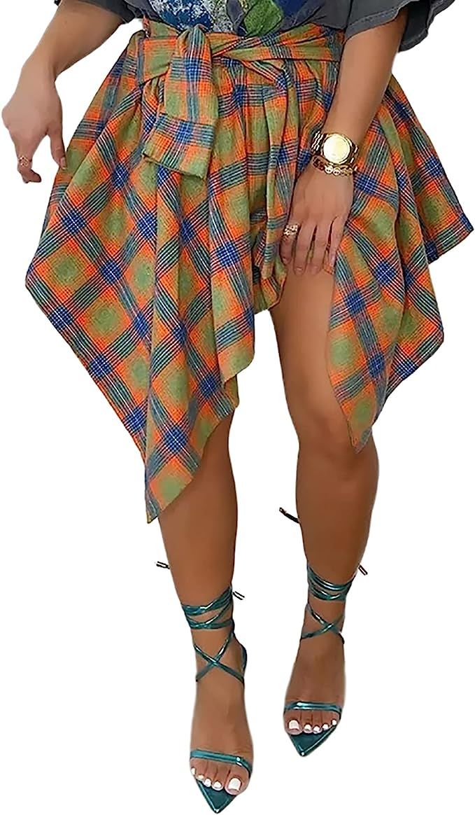 Women's Plaid Skirts High Waisted Knot Front Asymmetrical Hem Mini Skater Skirt | Amazon (US)