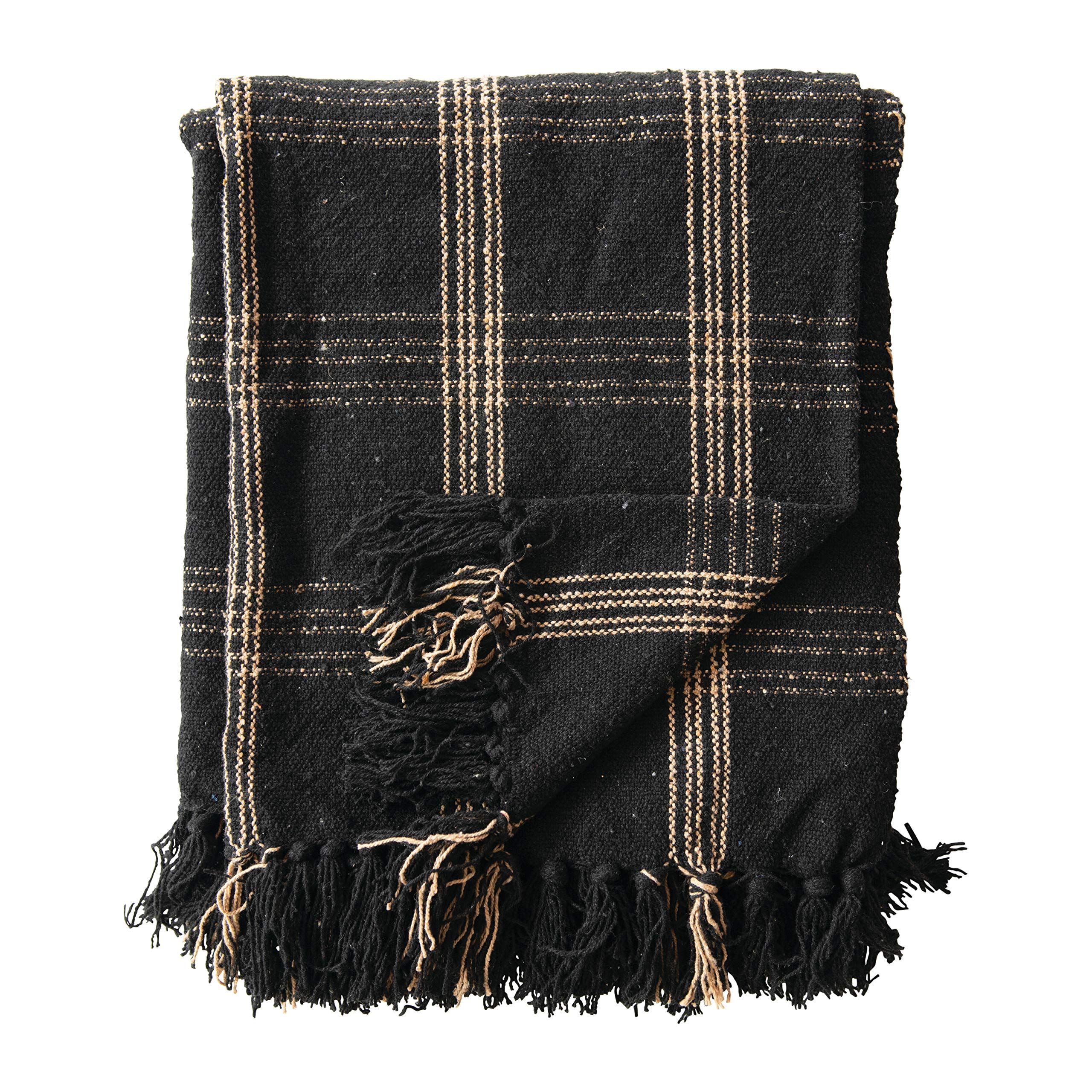 Creative Co-op DF3609 Plaid Black & Tan Fringed Woven Cotton Blend Throw, Black | Amazon (US)
