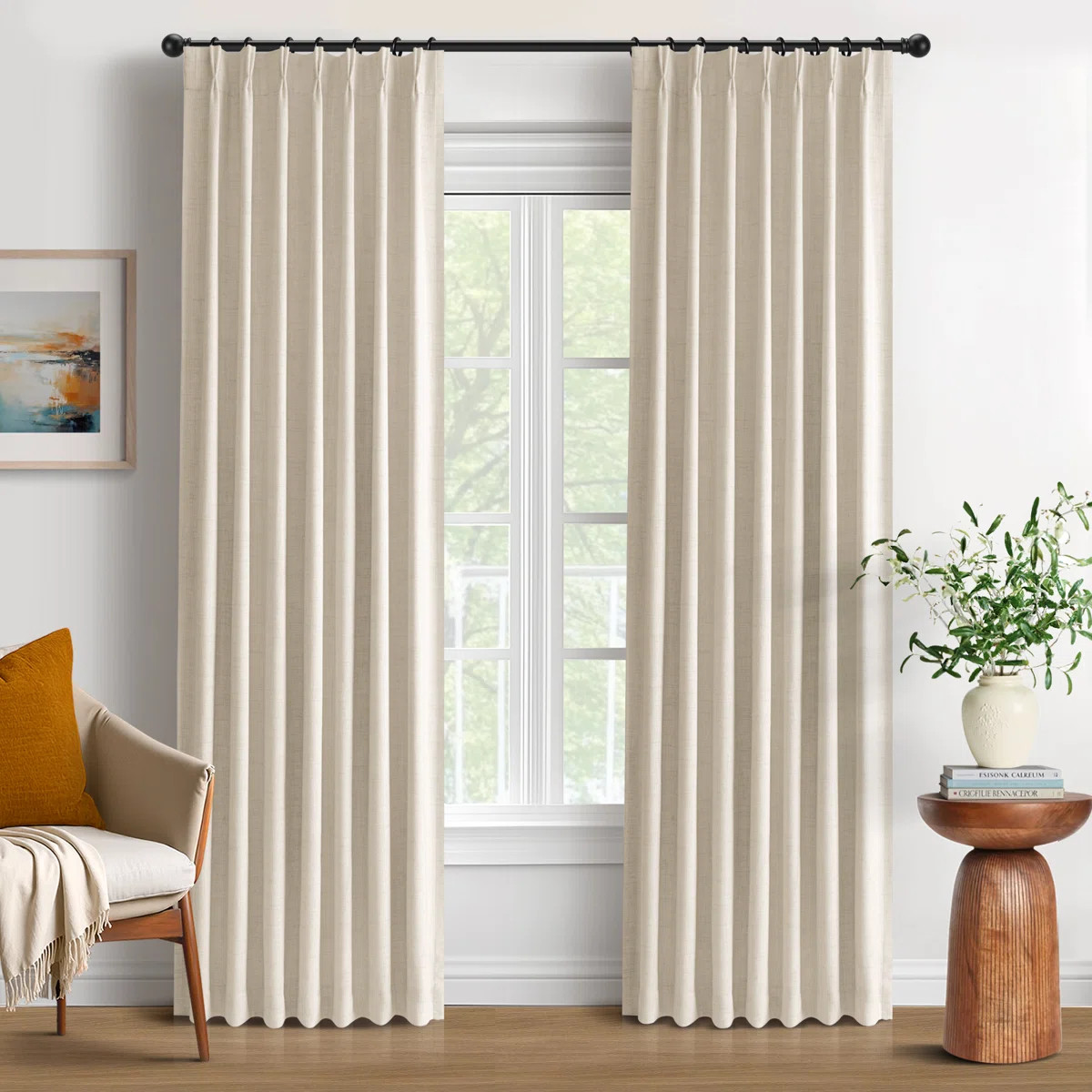 100% Blackout Curtains Polyester Faux Linen Fabric Pinch Pleated Draps With 20 Hooks Blackout Cur... | Wayfair North America