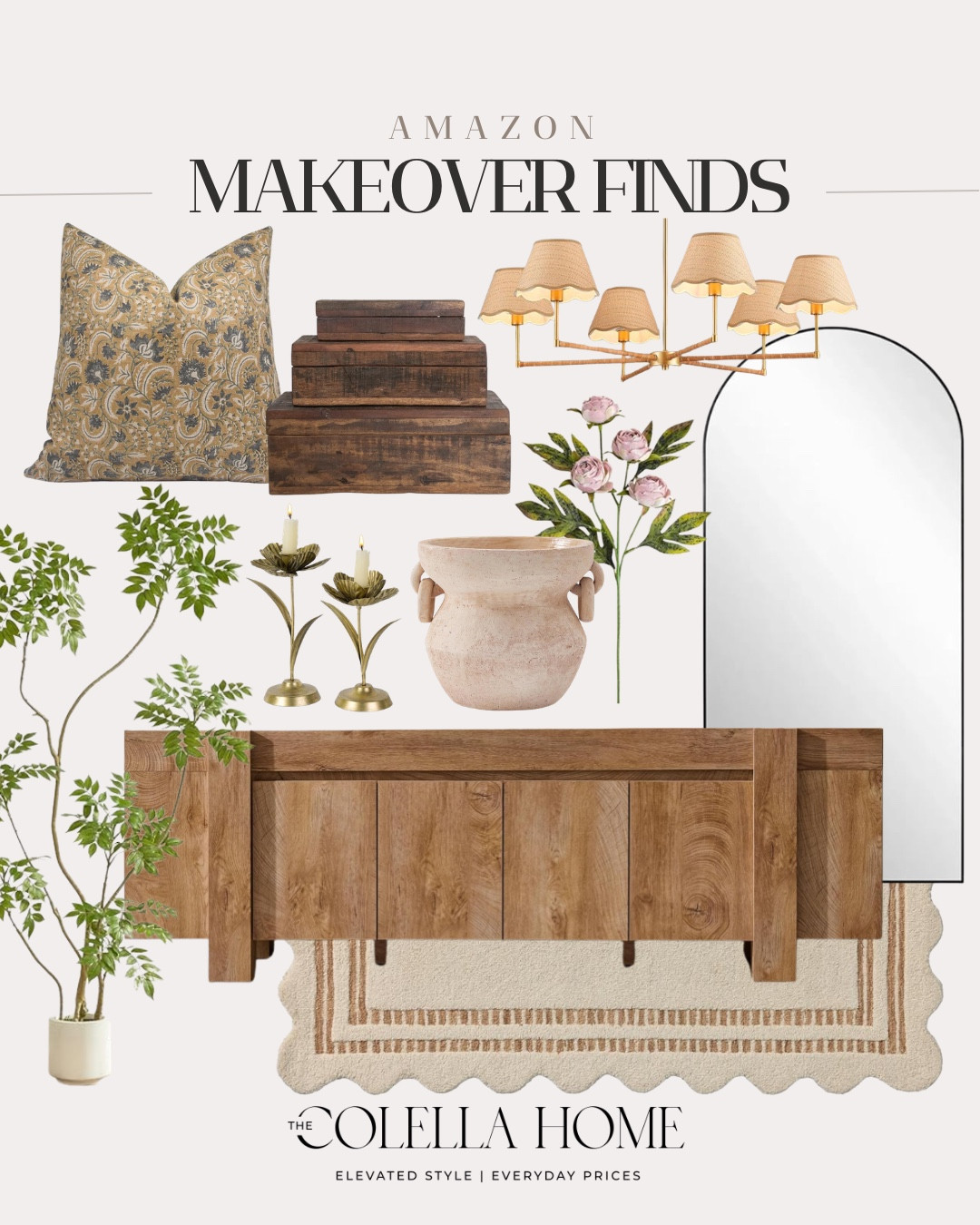 Home accents that make your home look designer include floor mirror, area rug, faux tree, vase, candle holders,  chandelier, floral pick, decorative boxes, throw pillow, and console.

Home decor, looks for less, home makeover, neutral home

#LTKHome #LTKSaleAlert #LTKSeasonal