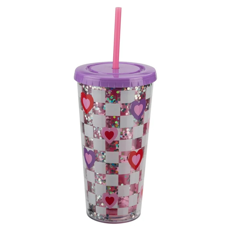 Sparkle Hearts Plastic Tumbler with Straw and Lid, Purple/Pink/Red, 24 oz, Valentine's Day by Way... | Walmart (US)