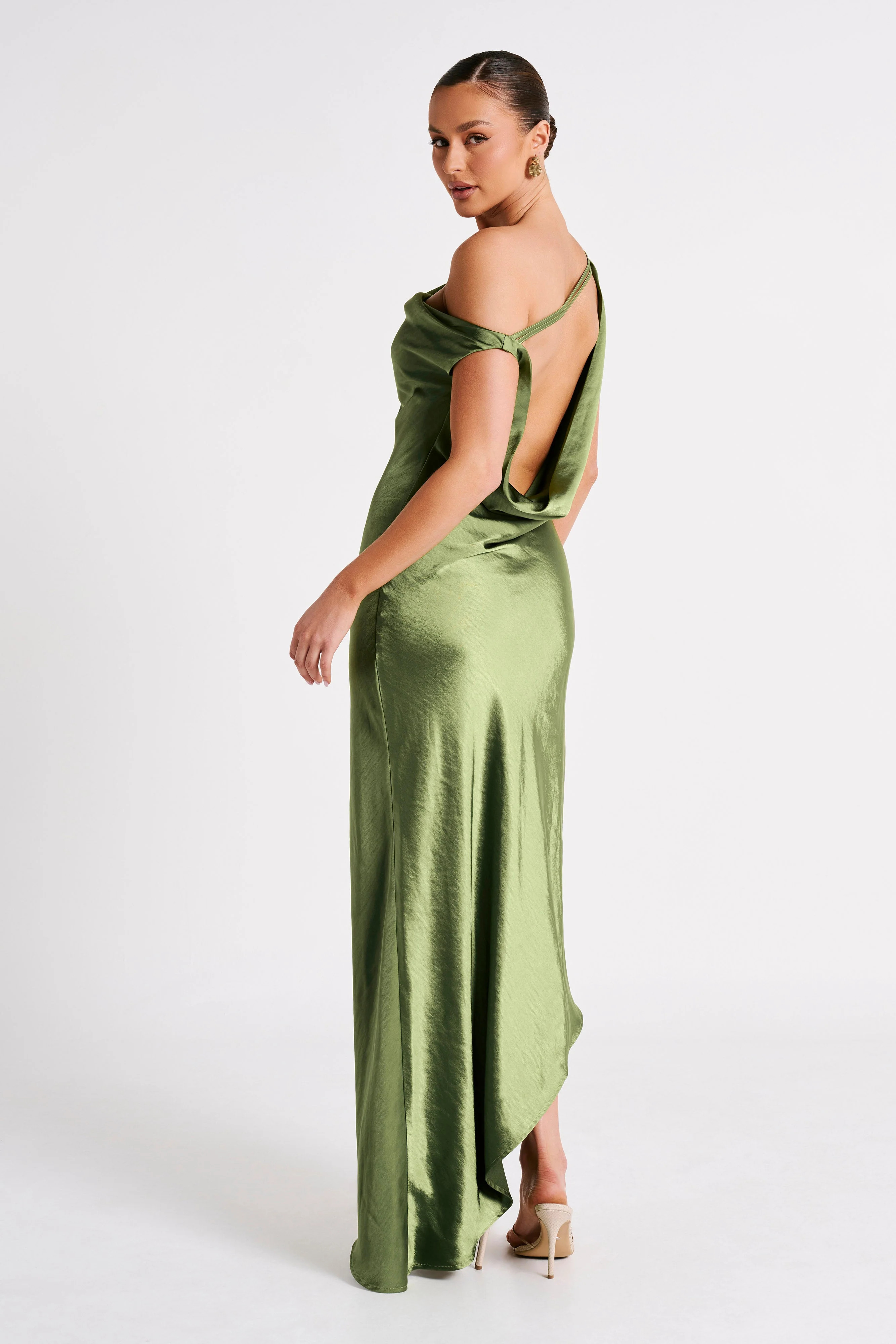 Yvette Slip Maxi Dress With Asymmetrical Hem - Emerald | MESHKI US