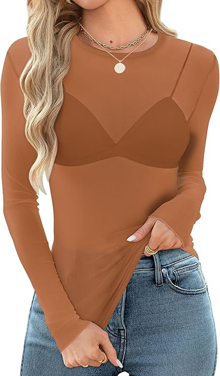 OFEEFAN Womens Mesh Tops Lace Long Sleeve Shirts Crewneck Slim Fitted Outfits See Through Blouses | Amazon (US)