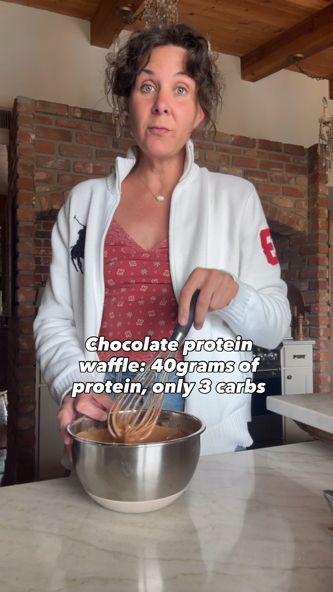 Chocolate Protein Waffle 
4 eggs 
1 tablespoon cocoa powder 
1 scoop of linked one ingredient unflavored grass fed beef protein powder (they have flavors too) 
Stevia drops to taste 
Blend/beat until mixed and creamy, pour in waffle maker, and cook to allotted time of waffle maker
Add toppings of choice ￼
