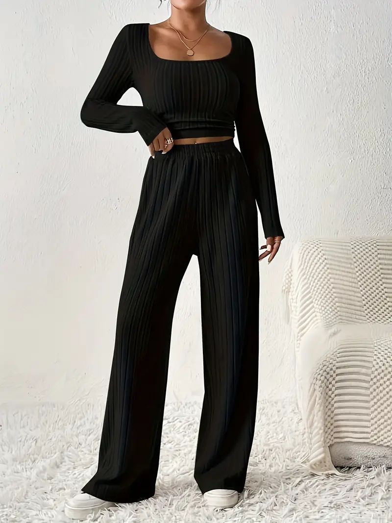 Solid Color Two-piece Set, Long Sleeve Crop Top & Elastic Waist Pants Outfits, Women's Clothing | Temu Affiliate Program