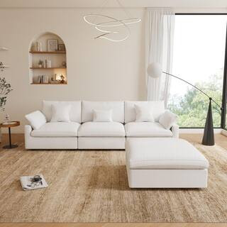 Modular 119 in. Down Filled Linen Large 3-Seat Sofa Solid Wood Cloud Couch Sectional in White wit... | The Home Depot