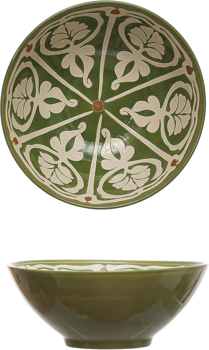 Creative Co-Op 10.5 Round Hand-Painted Stoneware Serving Bowl with Pattern Design, Green and Brow... | Amazon (US)