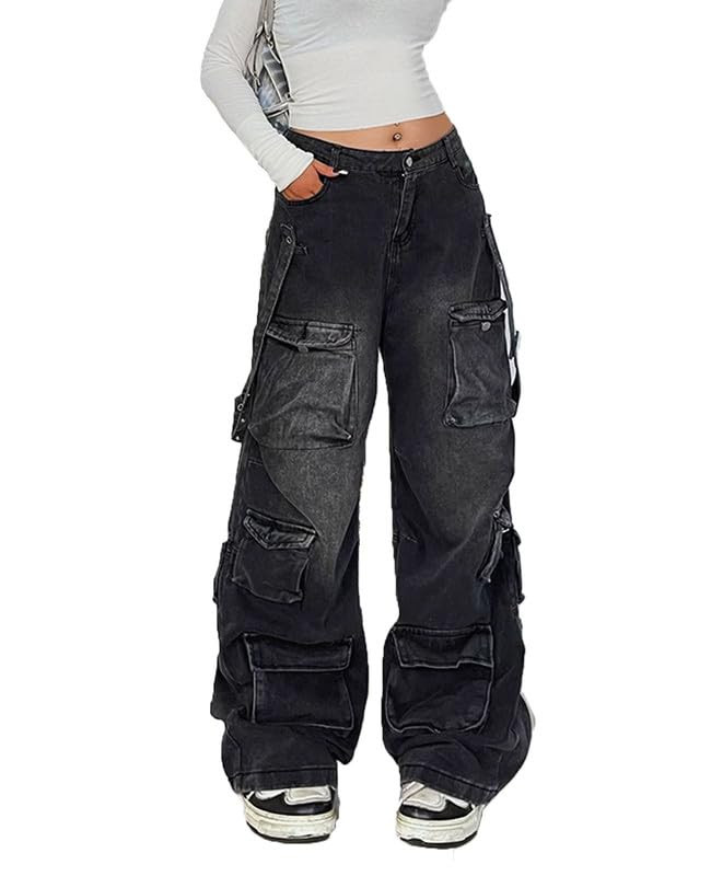 Women's Cargo Pants Low Waist Baggy Jeans Pocket Wide Leg Casual Trendy Streetwear Grunge Emo Clo... | Amazon (US)