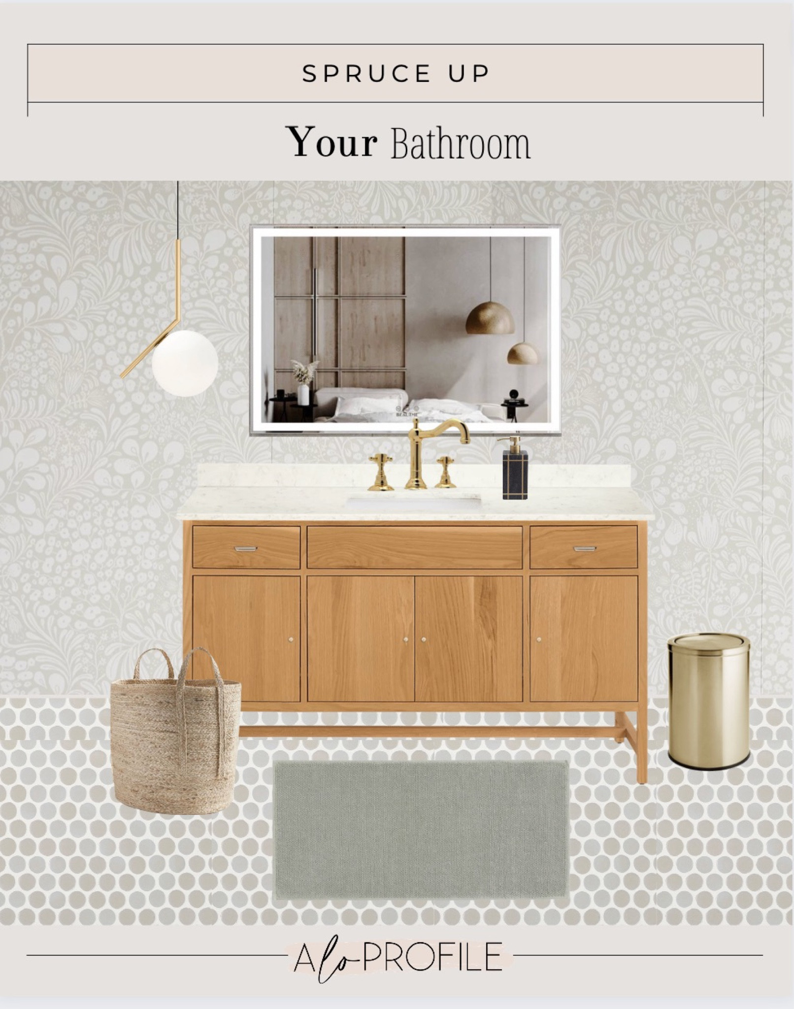 Bathroom decor // guest bath, penny tile, neutral wallpaper, wood vanity, woven basket, brass trash can, brass sink faucet, black marble soap, bath mat, neutral bathroom decor, make up mirror, prelit mirror, anti fog mirror, modern pendant light, bathroom lighting

#LTKhome
