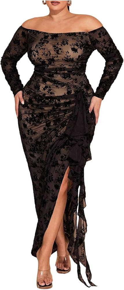 Floerns Women's Plus Size Off Shoulder Dress Mesh Long Sleeve Ruffle Trim Bodycon Maxi Dresses | Amazon (US)