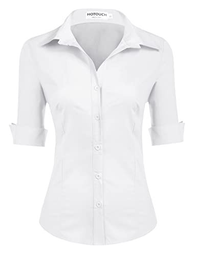 HOTOUCH Womens Fitted White Button Down Shirt 3/4 Sleeve Dress Tops Collared Button Up Blouses(White L) | Amazon (US)