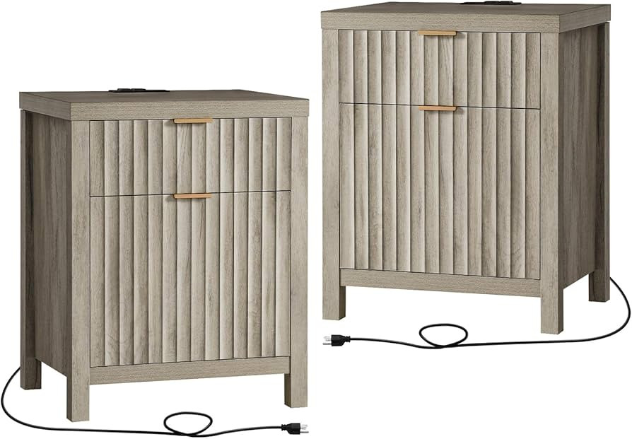 Oxford 2 Drawer Nightstand, End Table with Charging Station, Night Stand with Fluted Panel, Bed S... | Amazon (US)