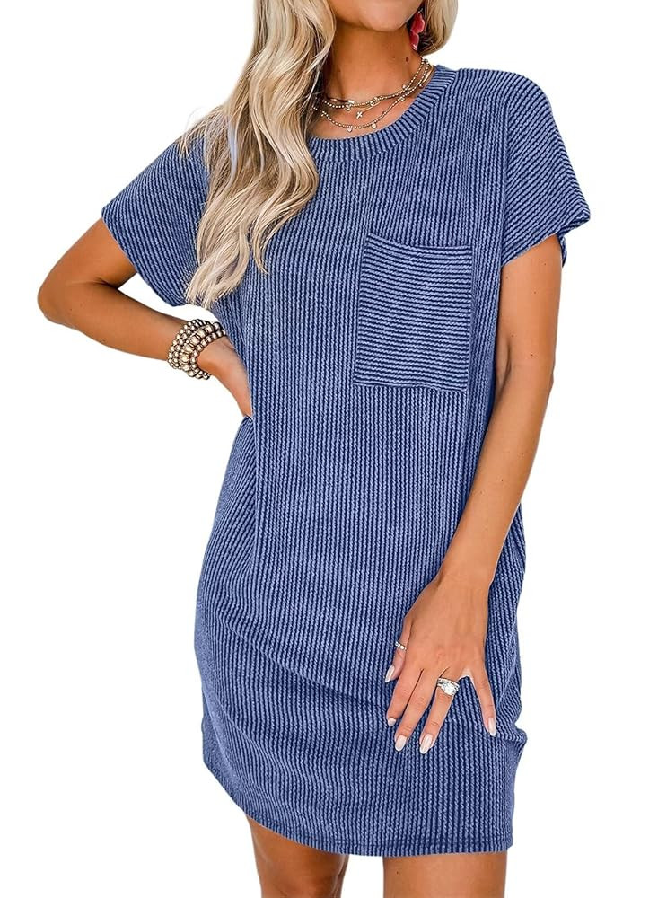 Acelitt Womens Casual Summer Crewneck Short Sleeve Ribbed Mini Tshirt Dress, XS-3XL | Amazon (US)