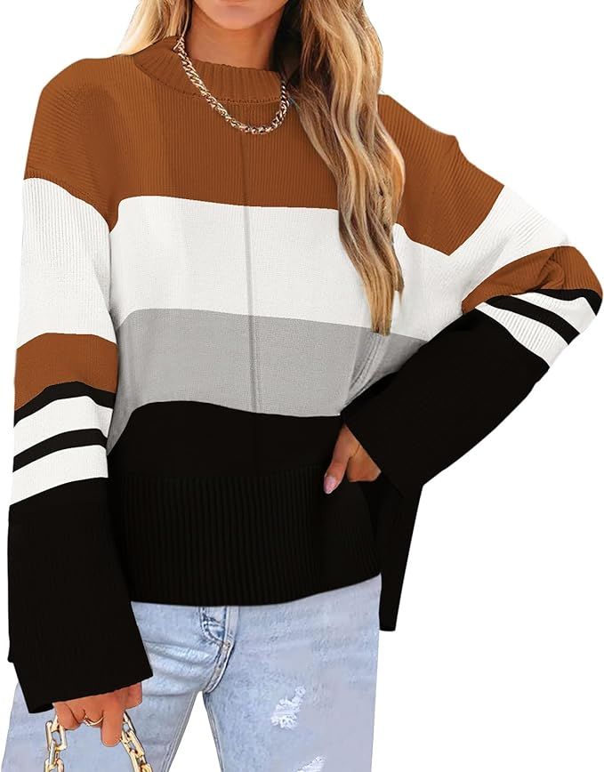 Womens Sweaters Casual Crew Neck Fashion Wide Ribbed Cuff Knit Tunic Pullover Oversized Solid Jum... | Amazon (US)