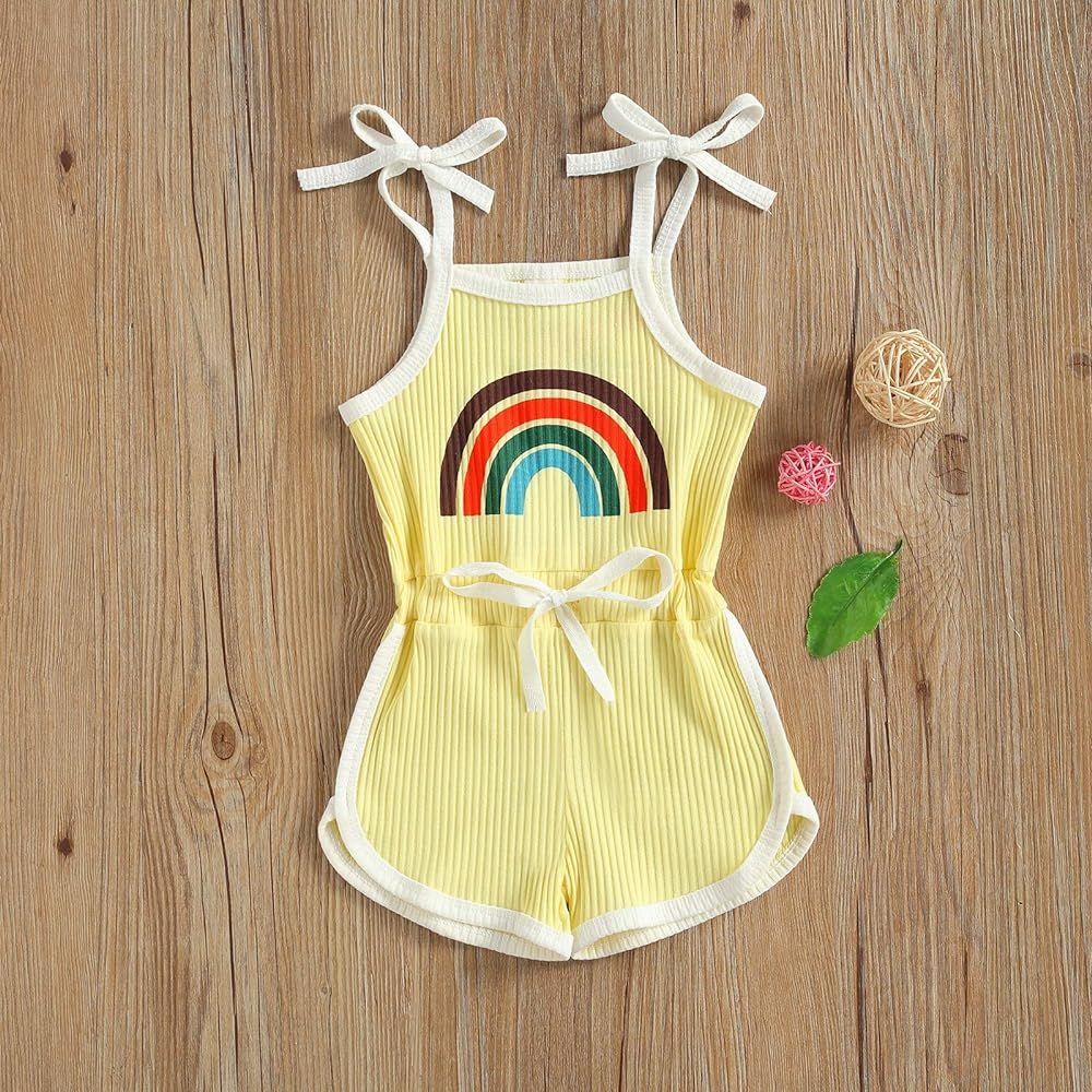Toddler Baby Girl Sleeveless Halter Jumpsuit Ribbed Romper Shorts Playsuit Rainbow Outfit Cute Summe | Amazon (US)