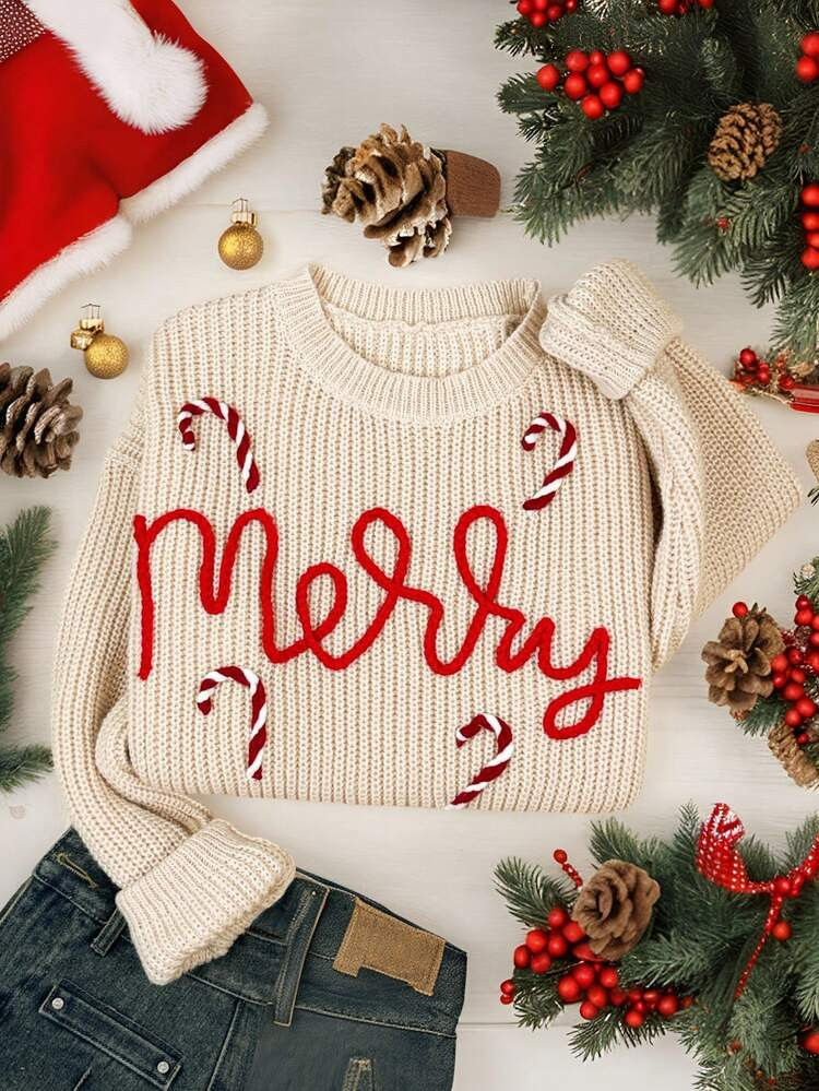 INAWLY Christmas Best-Selling Winter New Arrival - Christmas 3D Letters, Candy Pattern Knitted Top | SHEIN