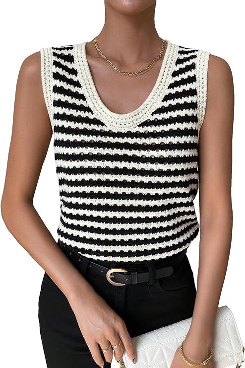 GORGLITTER Women's Striped Sweater Vest Top Sleeveless Ribbed Knit Scoop Neck Pullover Tank Tops | Amazon (US)