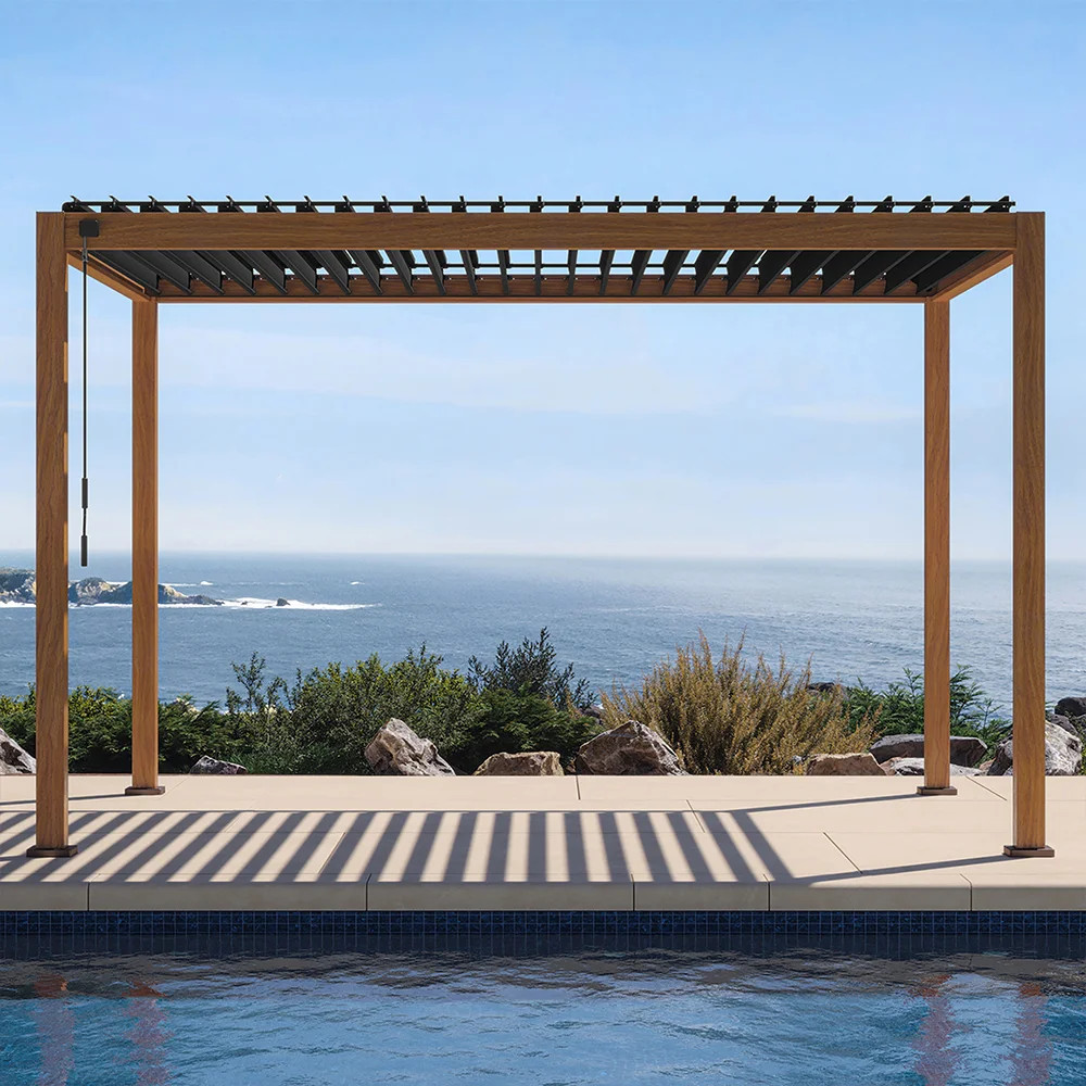 111S Takasho Cherry Oak  Aluminum Pergola with Adjustable Louver | Wayfair North America