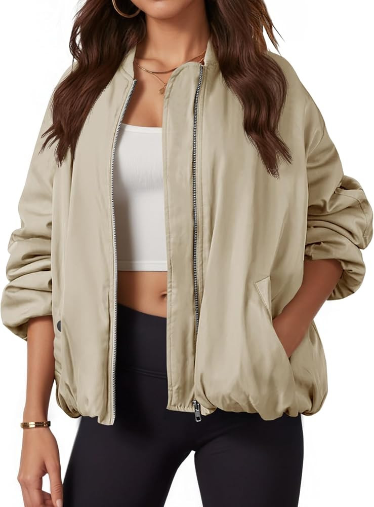 Tankaneo Womens Zip Up Bomber Jacket Oversized Fashion Casual Fully Lined Winter Coats With Pocke... | Amazon (US)