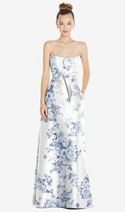 Basque-Neck Strapless Floral Satin Gown with Mini Sash in Cottage Rose Larkspur | The Dessy Group