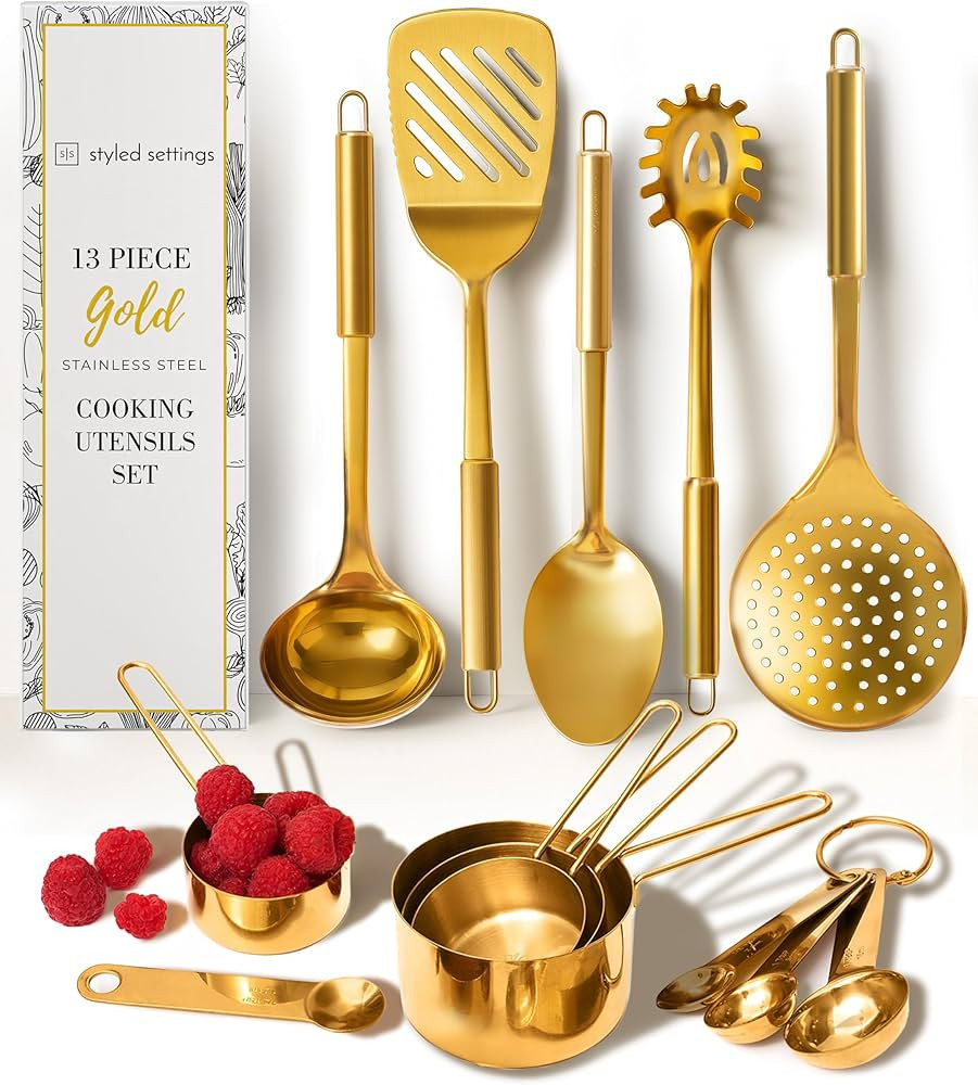 Gold Cooking Utensils with Gold Measuring Cups and Spoons Set - 13-Piece Luxury Kitchen Accessori... | Amazon (CA)