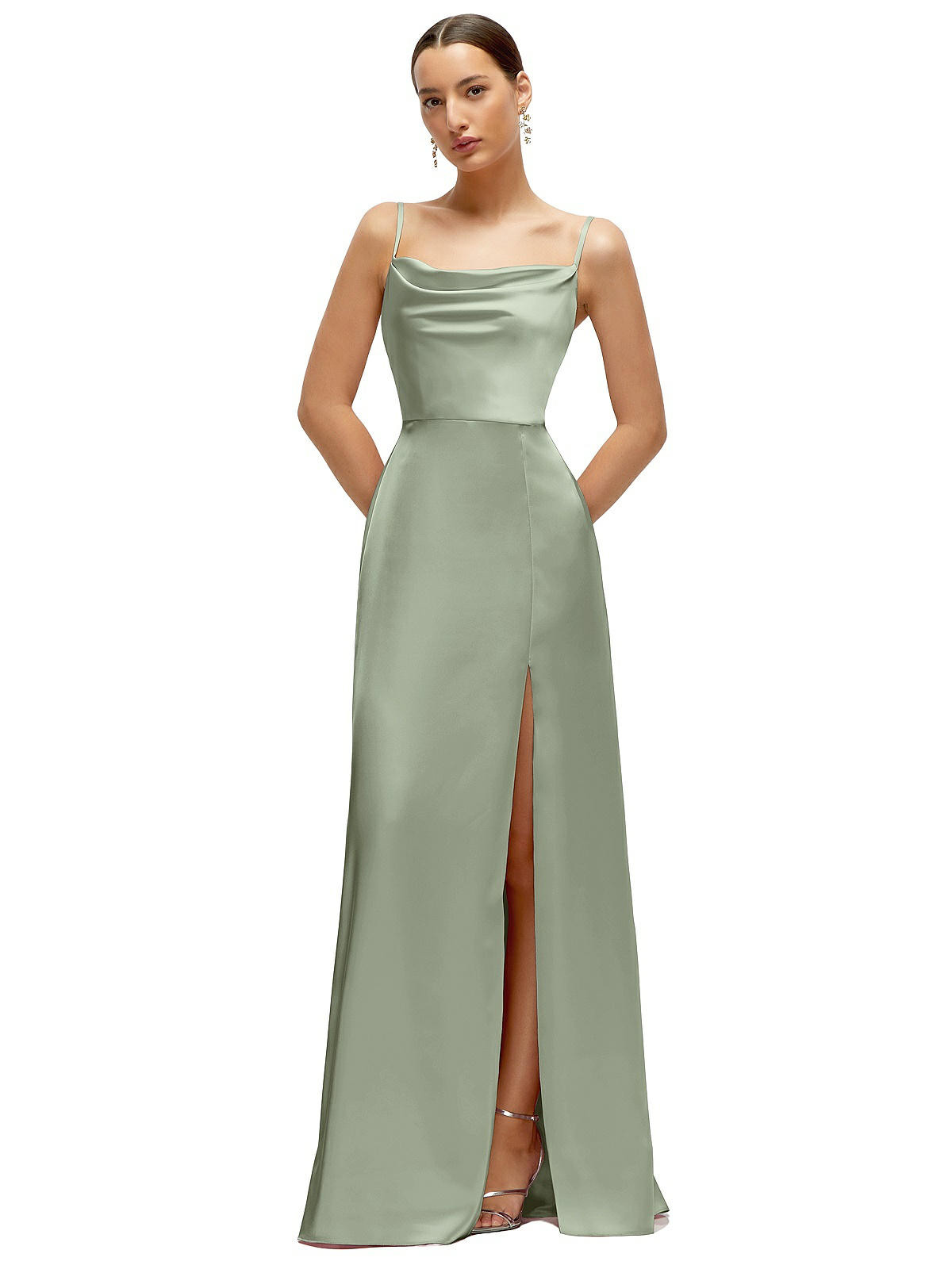 Cowl Neck Satin Maxi Dress with Adjustable Spaghetti Straps in Sage | The Dessy Group