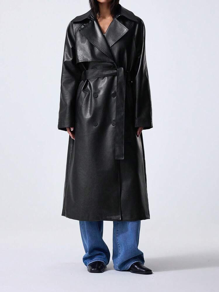 Minimalana Women's Plain Color Lapel Collar Long Sleeve PU Leather Loose Long Trench Coat, Autumn | SHEIN