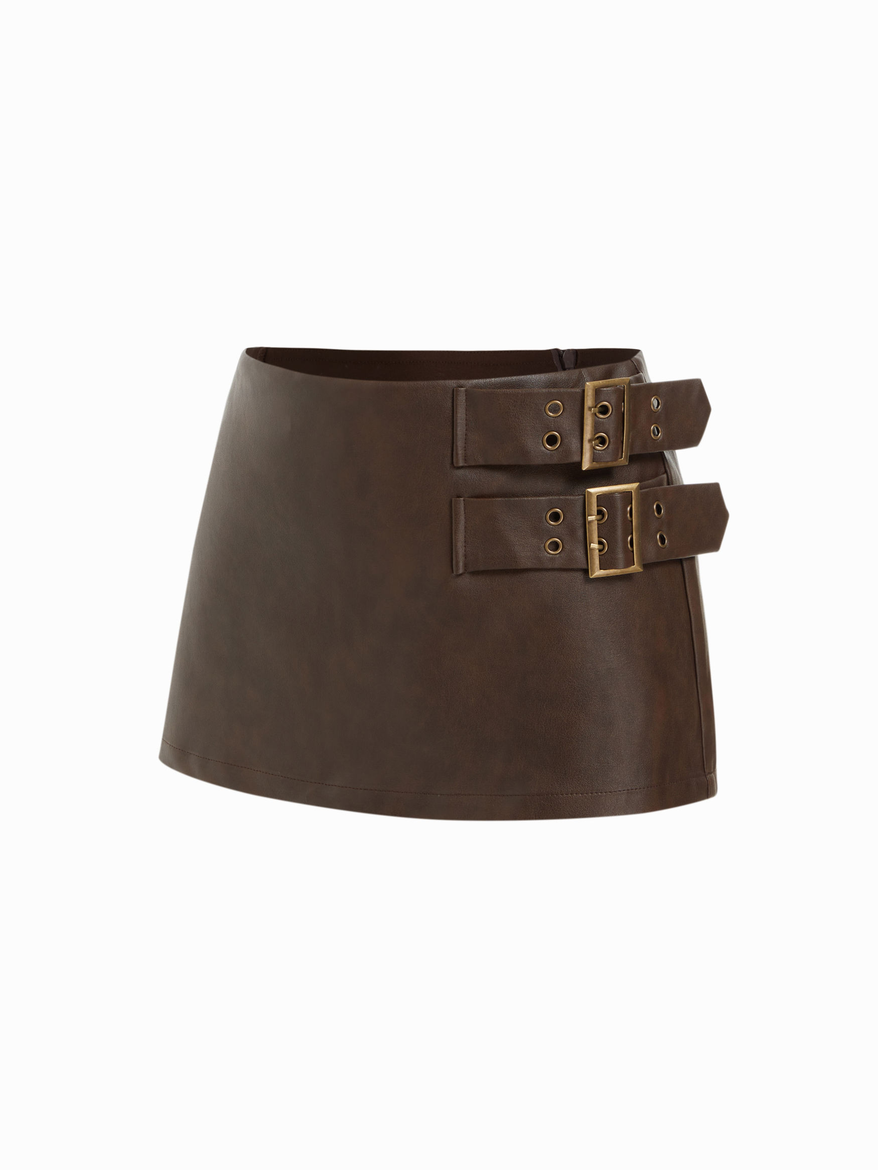 Faux Leather Faux Leather Mid Rise Belted A-line Mini Skort For Daily Casual | Cider