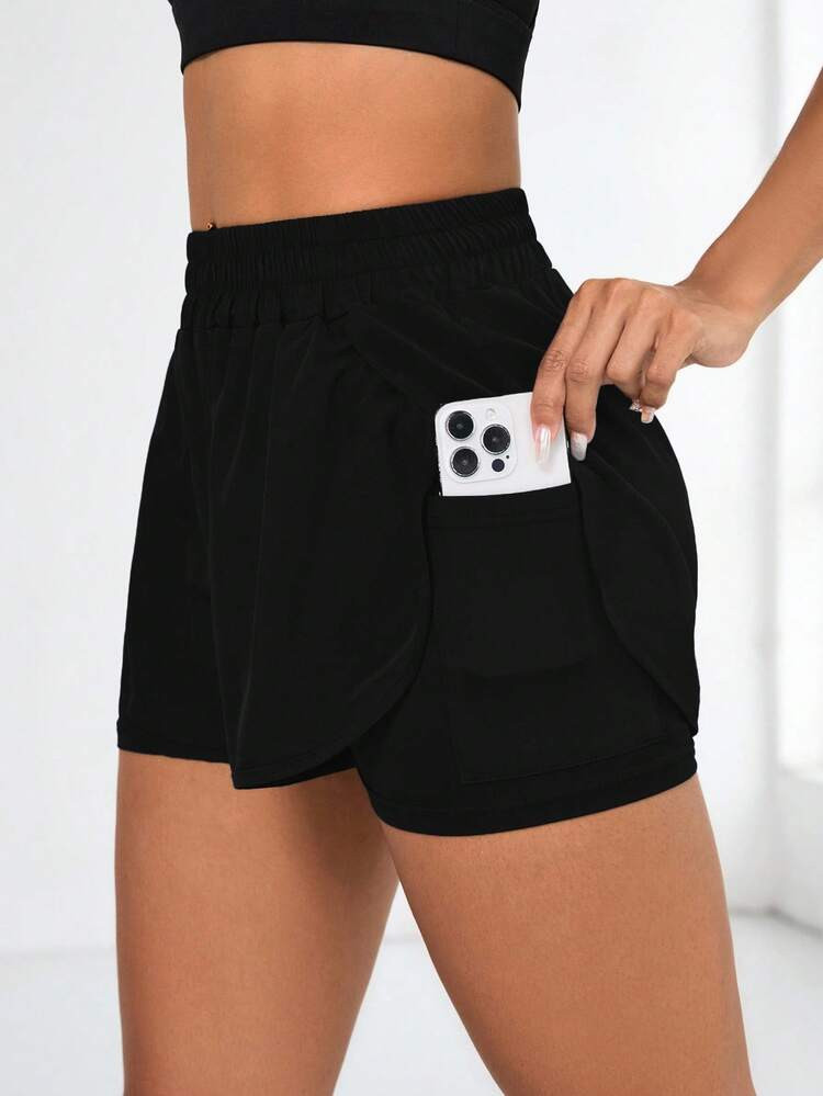 Eassivo Eassivo Women's Solid Color 2 In 1 Casual Sports Shorts With Pockets Black Workout Shorts Women | SHEIN
