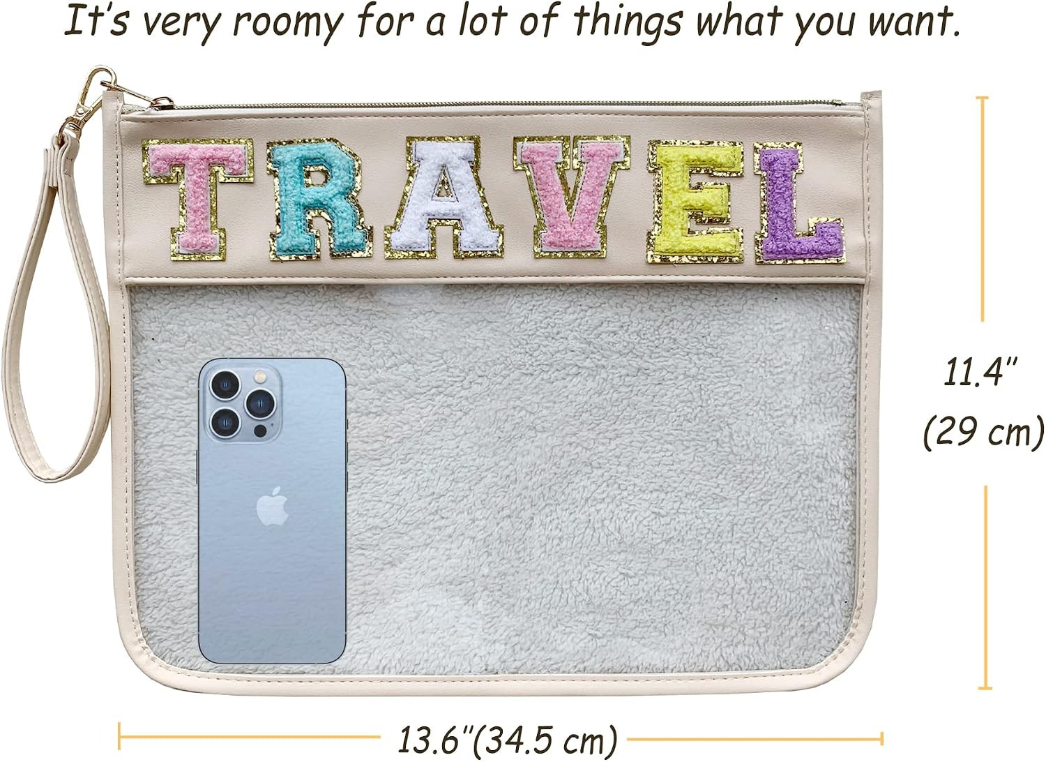 Chenille Letter Clear Bag Purse Multi-purpose Transparent Waterproof Snacks Makeup Tote Bag with Wrist Strap | Amazon (US)