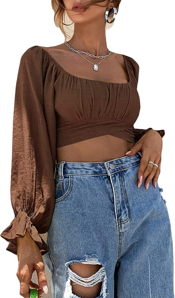 Floerns Women's Flounce Long Sleeve Square Neck Tie Back Blouse Crop Top | Amazon (US)