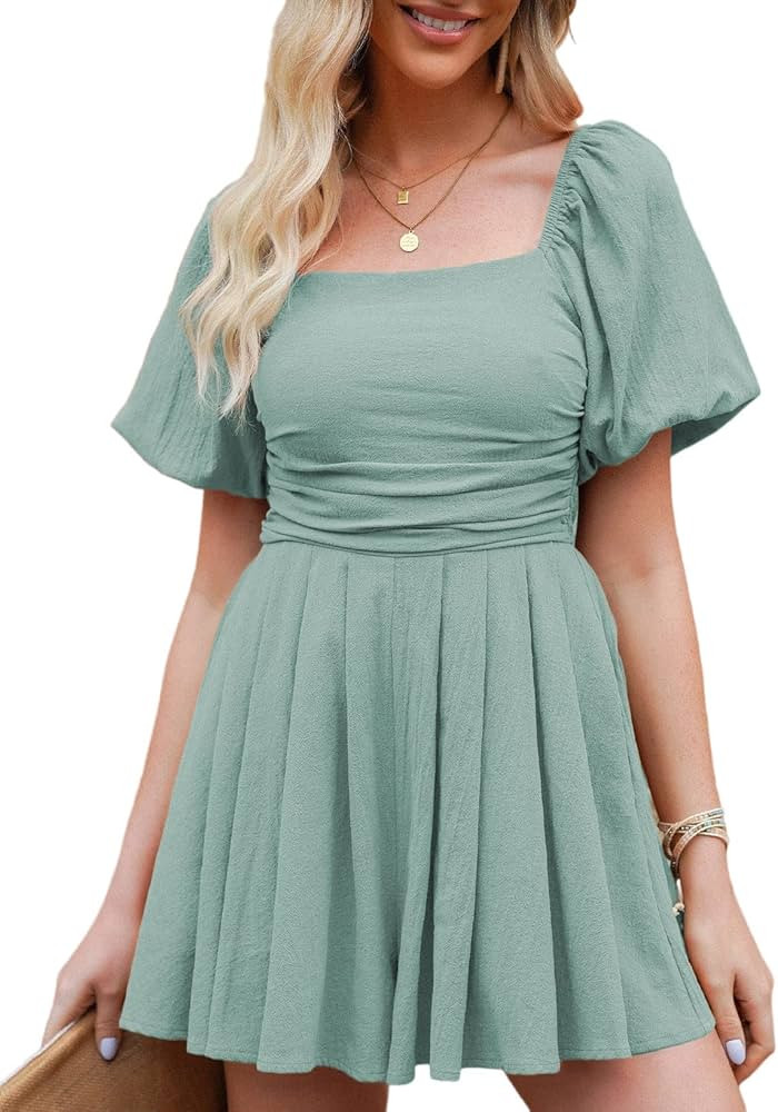AlvaQ Women's Rompers Cute Puff Sleeve Elastic Summer Square Neck Casual Spring Mini Short Romper... | Amazon (US)