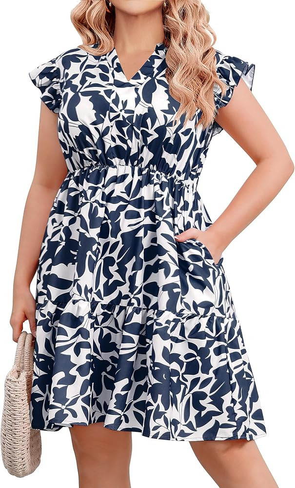 IN'VOLAND Women Plus Size Summer Dresses for Women Beach Floral Short Ruffle Sleeve Dress with Po... | Amazon (US)