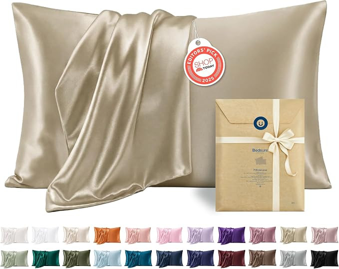 Bedsure Satin Pillowcases King Set of 2, Similar to Silk Pillow Cases Khaki | Reduces Hair Frizz ... | Amazon (US)