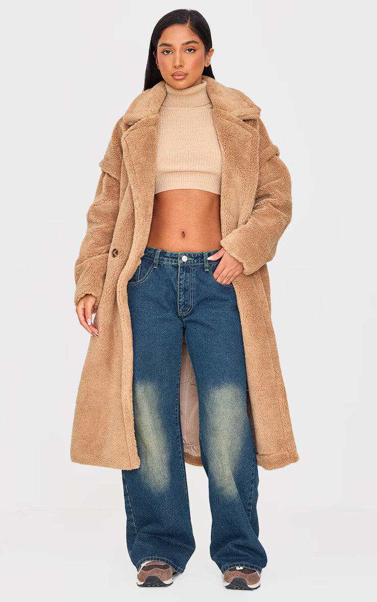 Petite Stone Teddy Bear Borg Coat | PrettyLittleThing CAN