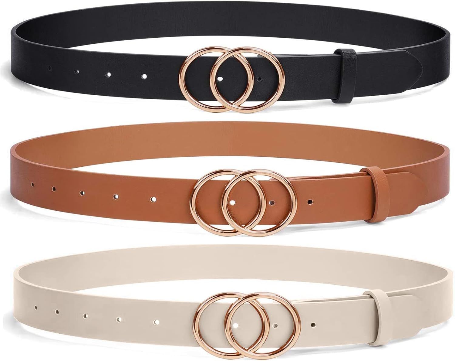 XZQTIVE 3 Pack Double Ring Belt for Women, Faux Leather Jeans Belts with Golden Circle Buckle | Amazon (US)