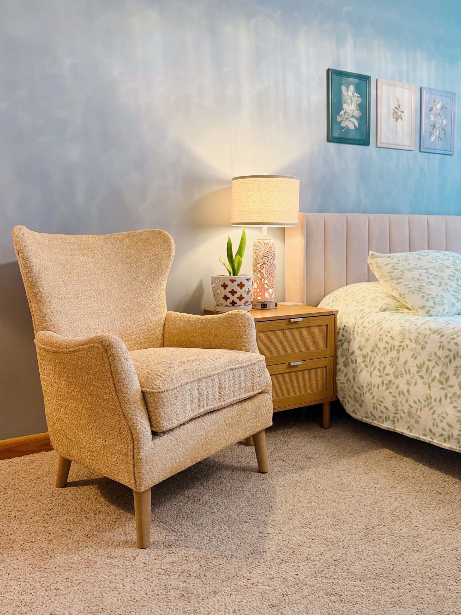 This beautiful wing back accent chair came the other day c/o @wayfair and it’s the perfect addition to Mom’s bedroom. It actually matches the wood and colors in her room perfectly. Super easy to assemble - just screw in the solid wood legs and slide the back to the base. Currently on sale and under $300! #WayfairCreator 

#LTKHome #LTKSpringSale